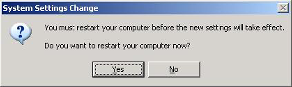 System Settings Change 대화 상자의 그림입니다.
