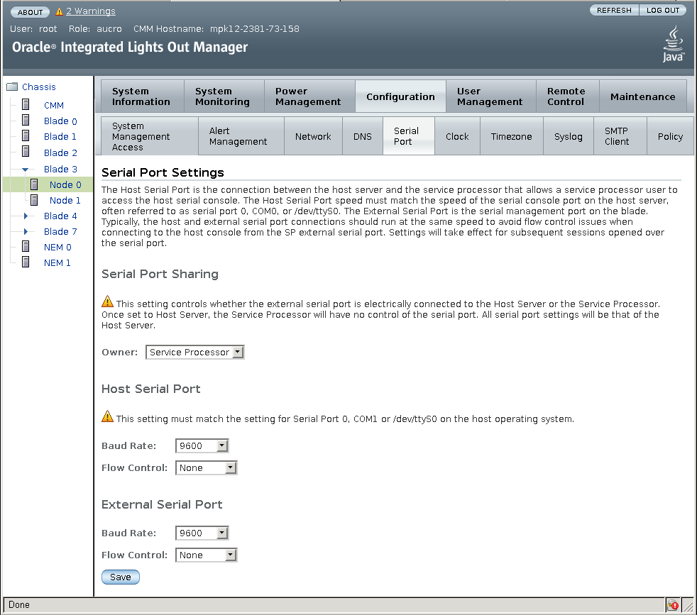 ILOM Web インタフェースのシリアルポート設定。 ILOM Web インタフェースのシリアルポート設定。