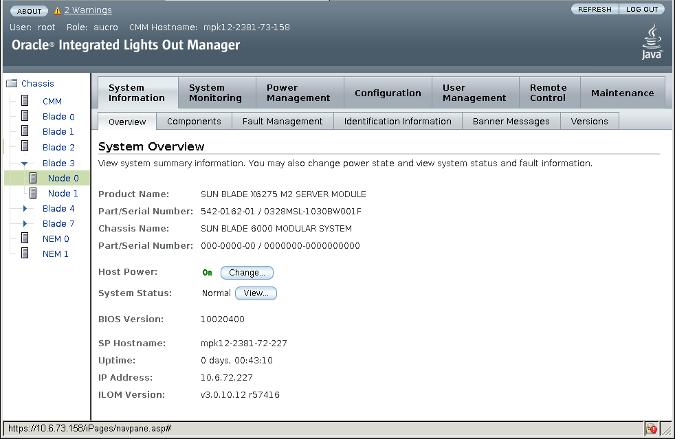 ILOM の「Overview」画面の例。