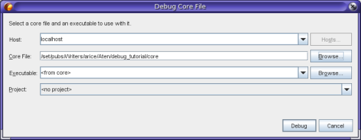 「コアファイルのデバッグ (Debug core file)」ダイアログボックス