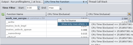 「関数あたりの CPU 時間 (CPU Time Per Function)」タブとフィルタリスト