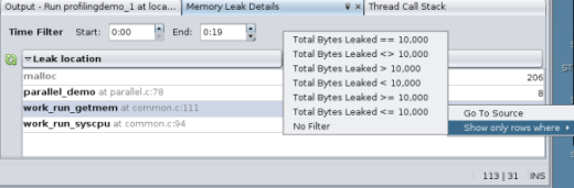 「メモリーリーク詳細 (Memory Leak Detail)」タブとフィルタ選択リスト