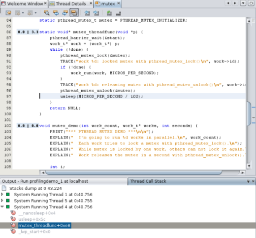 mutex_thread 関数が呼び出された場所のソースコードを表示する「エディタ (Editor)」ウィンドウ