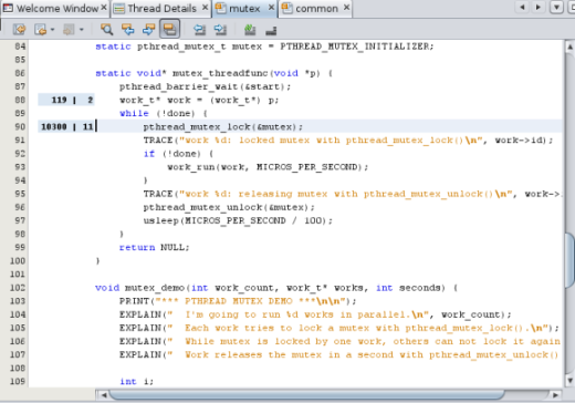 pthread_mutex_lock 関数が呼び出されたソースコードを表示する「エディタ (Editor)」ウィンドウ