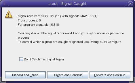 「シグナル捕獲 （Signal Caught）」警告ボックス