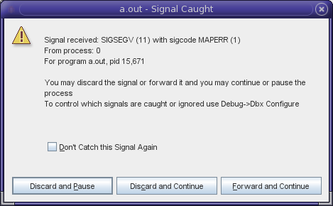 SEG を表示する「シグナル捕獲 (Signal Caught)」警告ボックス