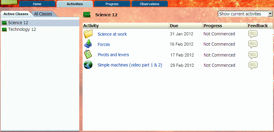 My Activities Area