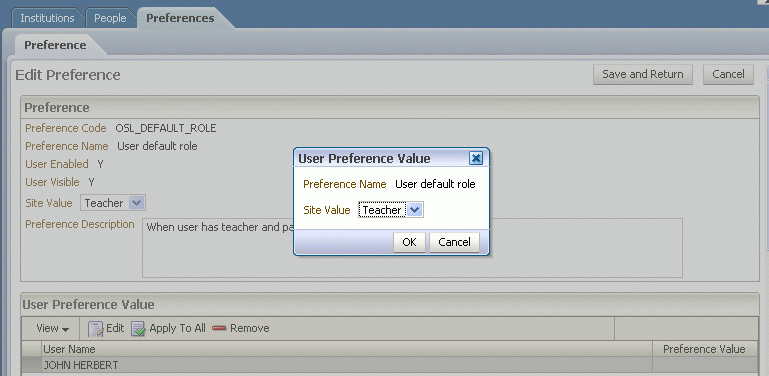 Edit User Preference Value