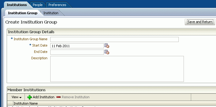 Create Institution Group page