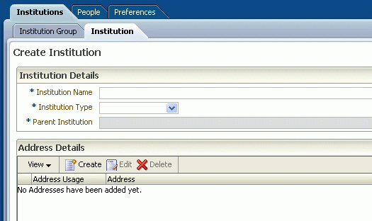 Create Institution page