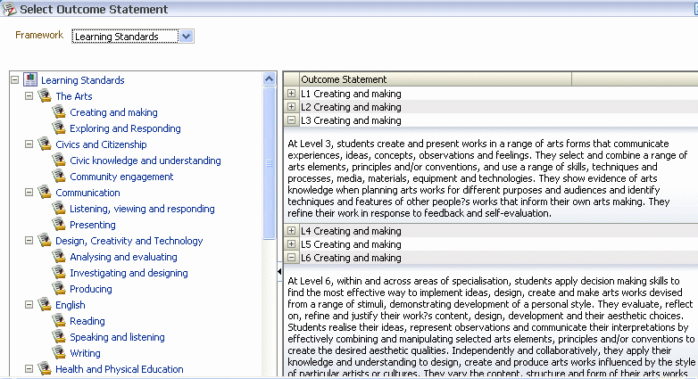 Select Outcome Statement page