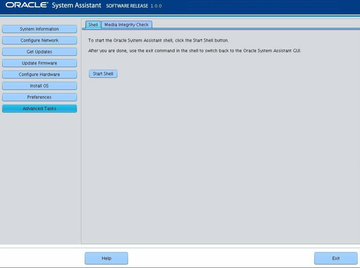 image:This figure shows the Shell screen in Oracle System Assistant.