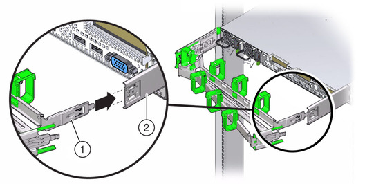 image:Figure showing CMA mounting bracket inserted into back of the right slide-rail.