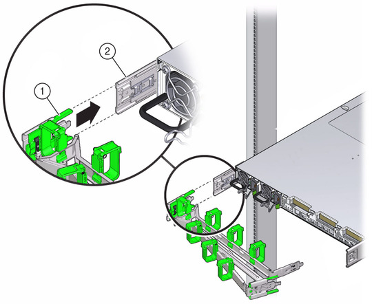 image:Figure showing CMA slide-rail connector inserting into the back of the left slide-rail.