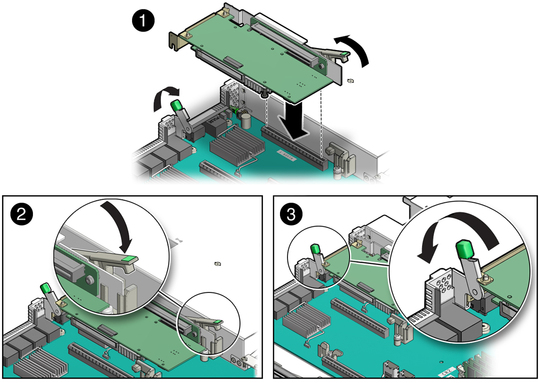 image:Figure showing how to install a PCIe riser in slots 1 and 2. 