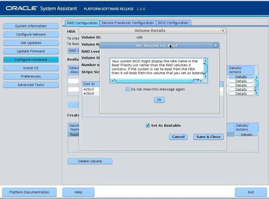 image:Screen showing the RAID configuration Set Volume For Boot dialog box.