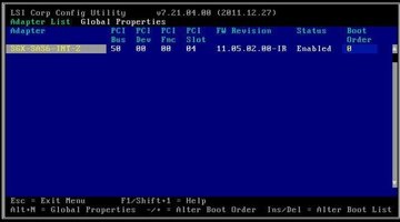 image:Screen showing the LSI Corp Configuration Utility menu.