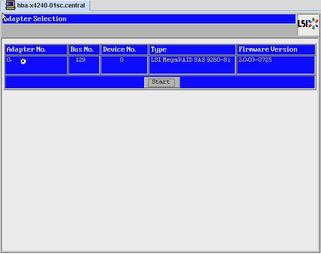 image:Graphic showing the LSI MegaRAID Utility Adapter Selection screen.