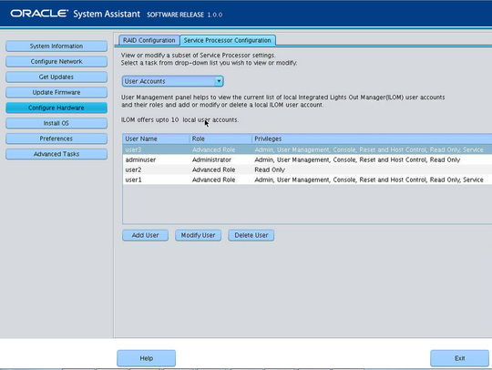 image:This figure shows the User Accounts screen in Oracle System Assistant.