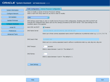 image:This figure shows the DNS Settings screen in Oracle System Assistant.