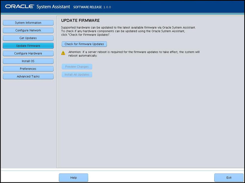 image:This figure shows the Update Firmware screen in Oracle System Assistant.