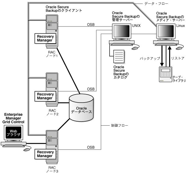 RAC環境でのOracle Secure Backupを示しています。 RAC環境でのOracle Secure Backupを示しています。