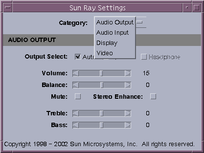 Screenshot showing the Sun Ray
                Settings GUI (utsettings).