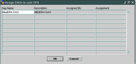 Sample of the screen assigning DAGs to a user.