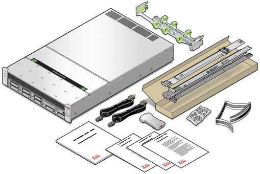 image:Figure showing components ordinarily shipped with the SPARC T4-1 server.