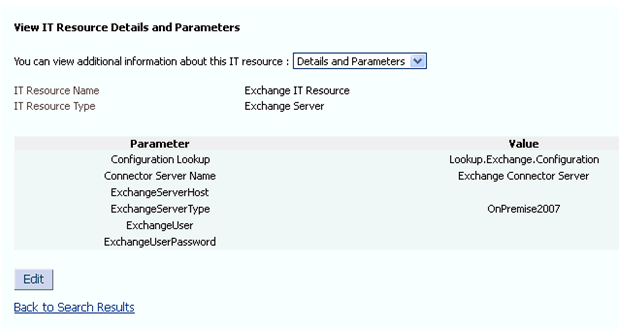 Edit IT Resource Details and Parameters page for Exchange 2007