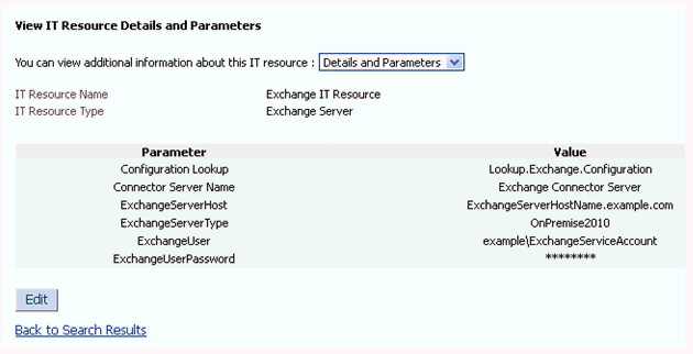 Edit IT Resource Details and Parameters page for Exchange 2010