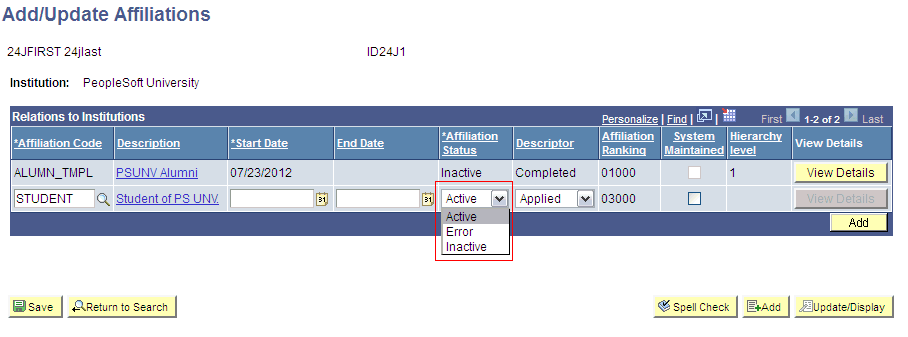 This screenshot displays a sample Affiliation Status in PeopleSoft Campus