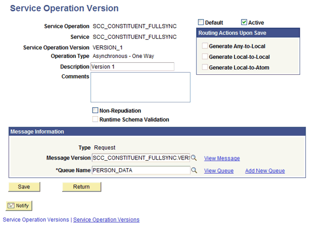 In the Non-Default Versions region, click the VERSION_1 link, as shown in this screenshot
