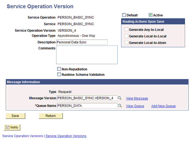 This screenshot displays the non-default version of the PERSON_BASIC_SYNC service operation