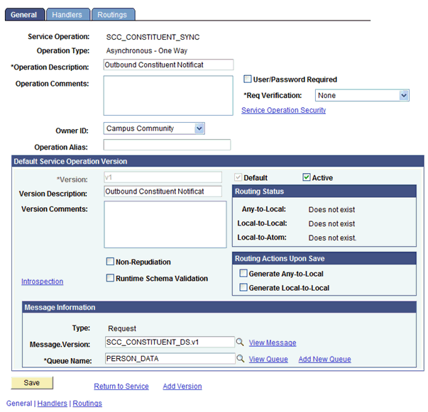 This screenshot displays the default version of the SCC_CONSTITUENT_SYNC service operation