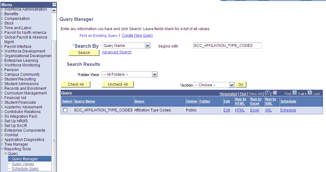 Enter the query name as SCC_AFFILIATION_TYPE_CODES and click Search, as shown in this screenshot