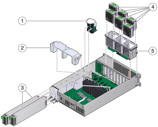 image:Exploded view graphic showing the power distribution and fan module components.
