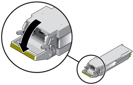 image:Figure showing how to open a QSFP transceiver module's locking handle.