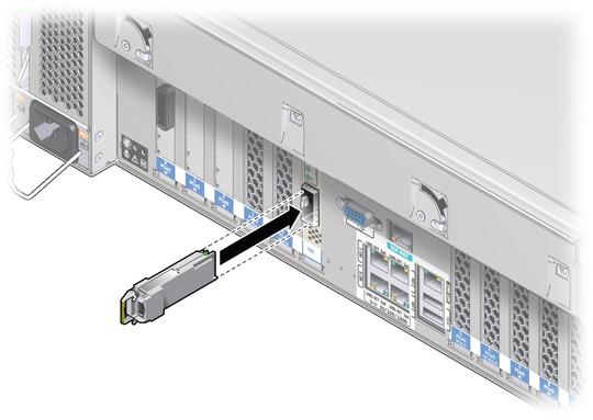 image:Figure showing how to insert a QSFP transceiver module into the NM card slot.