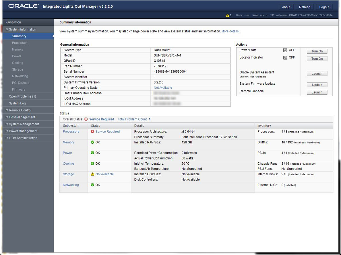 image:Picture of Oracle ILOM summary page.