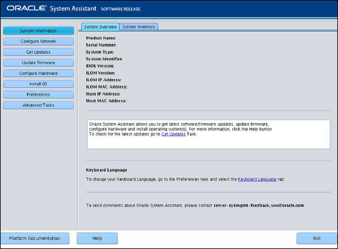 image:A screen capture of the Oracle System Assistant home screen.