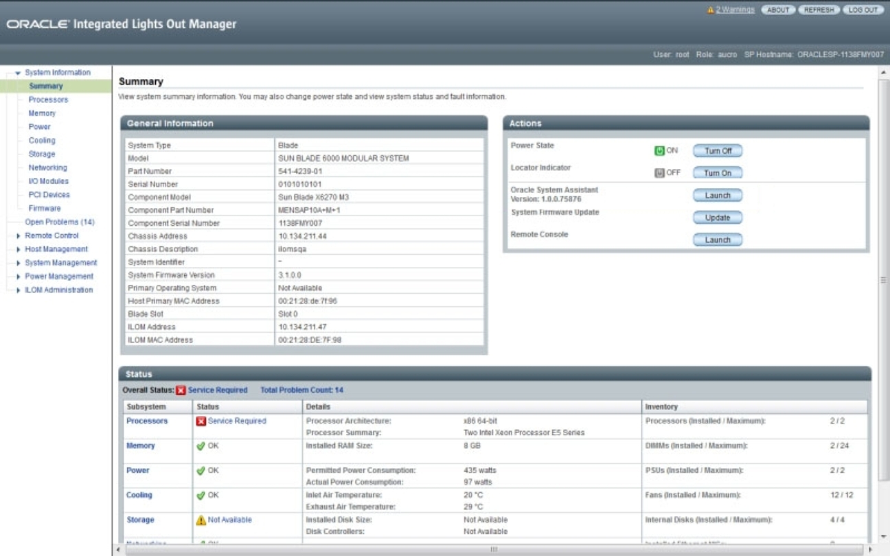 image:Picture of Oracle ILOM summary screen