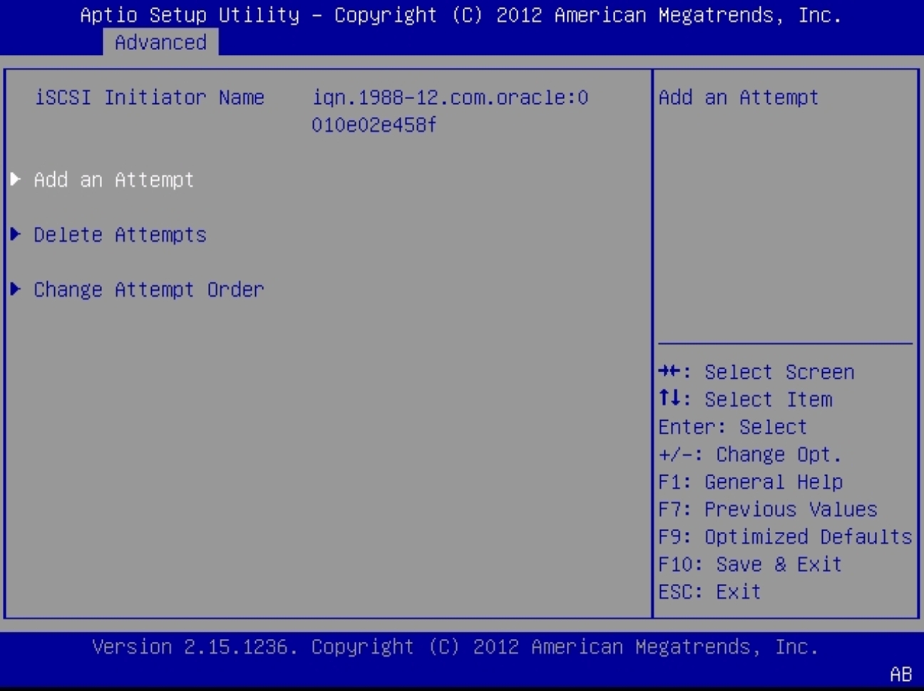 image:Picture of UEFI iSCSI Add Attempt screen.