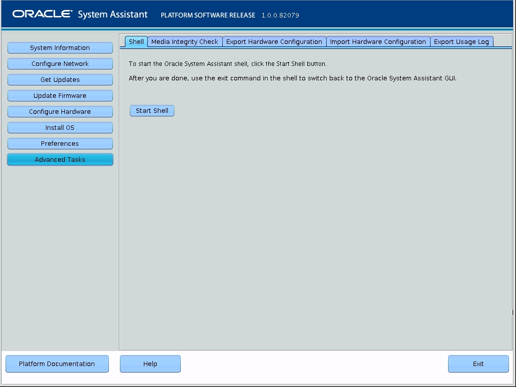 image:This figure shows the Shell screen in Oracle System                                 Assistant.