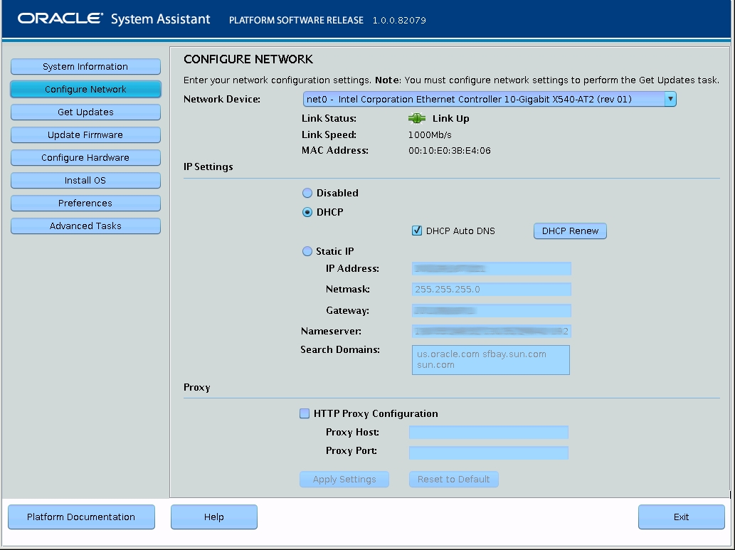 image:A screen shot showing the Oracle System Assistant Configure                                 Network screen.