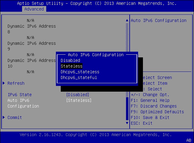 image:This image shows how to configure an IPv6 network                                         environment in the BIOS Advanced BMC Network                                         screen.