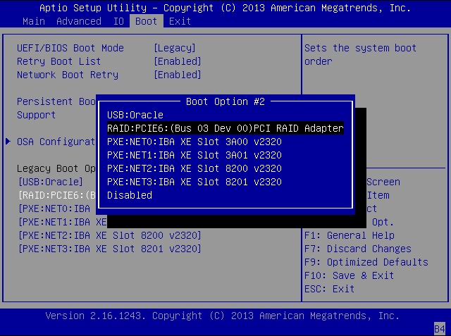 image:Picture of BIOS setup Boot utility screen with boot order                                 selected.