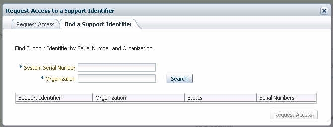 image:This graphic shows the Find a Support                                                 Identifier tab on My Oracle Support.