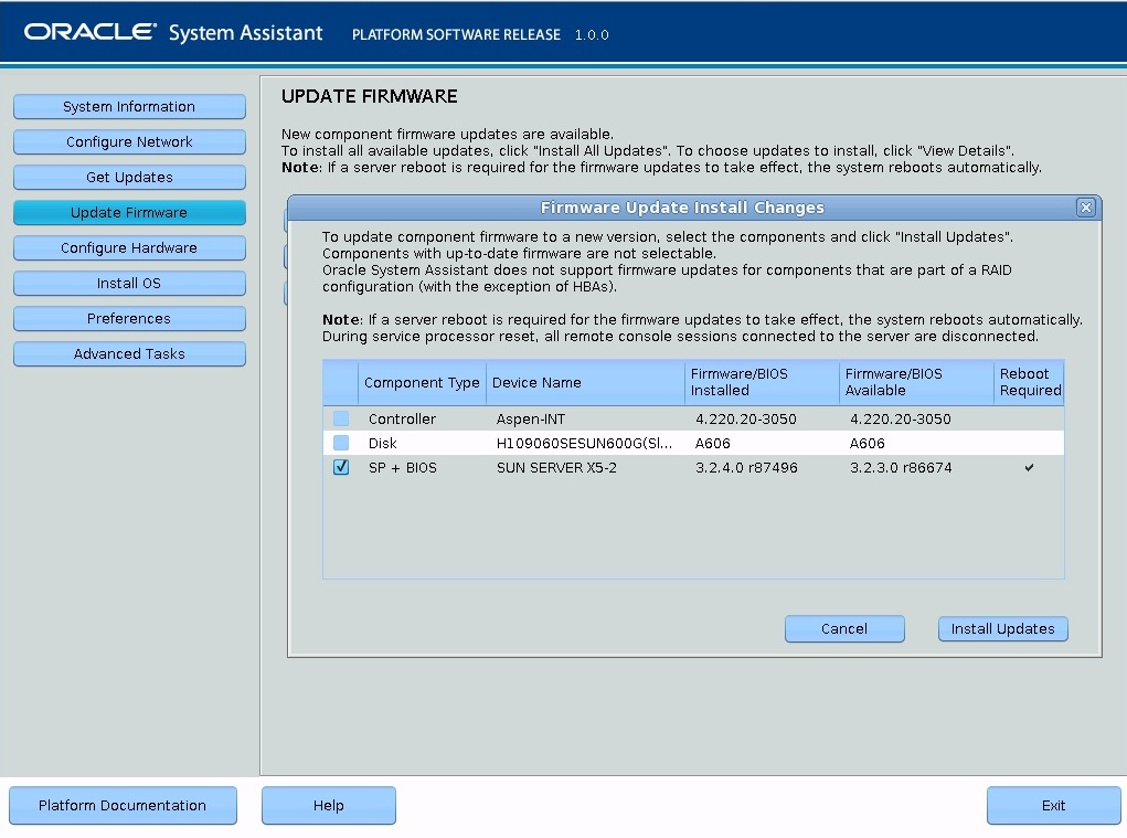 image:This figure shows the Update Firmware screen in Oracle System                                 Assistant.
