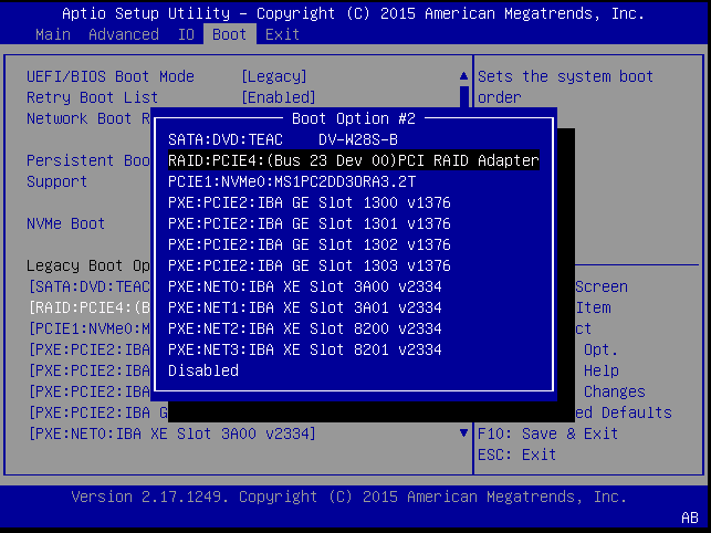 image:Picture of BIOS Setup Utility Boot screen with boot order                                 selected.